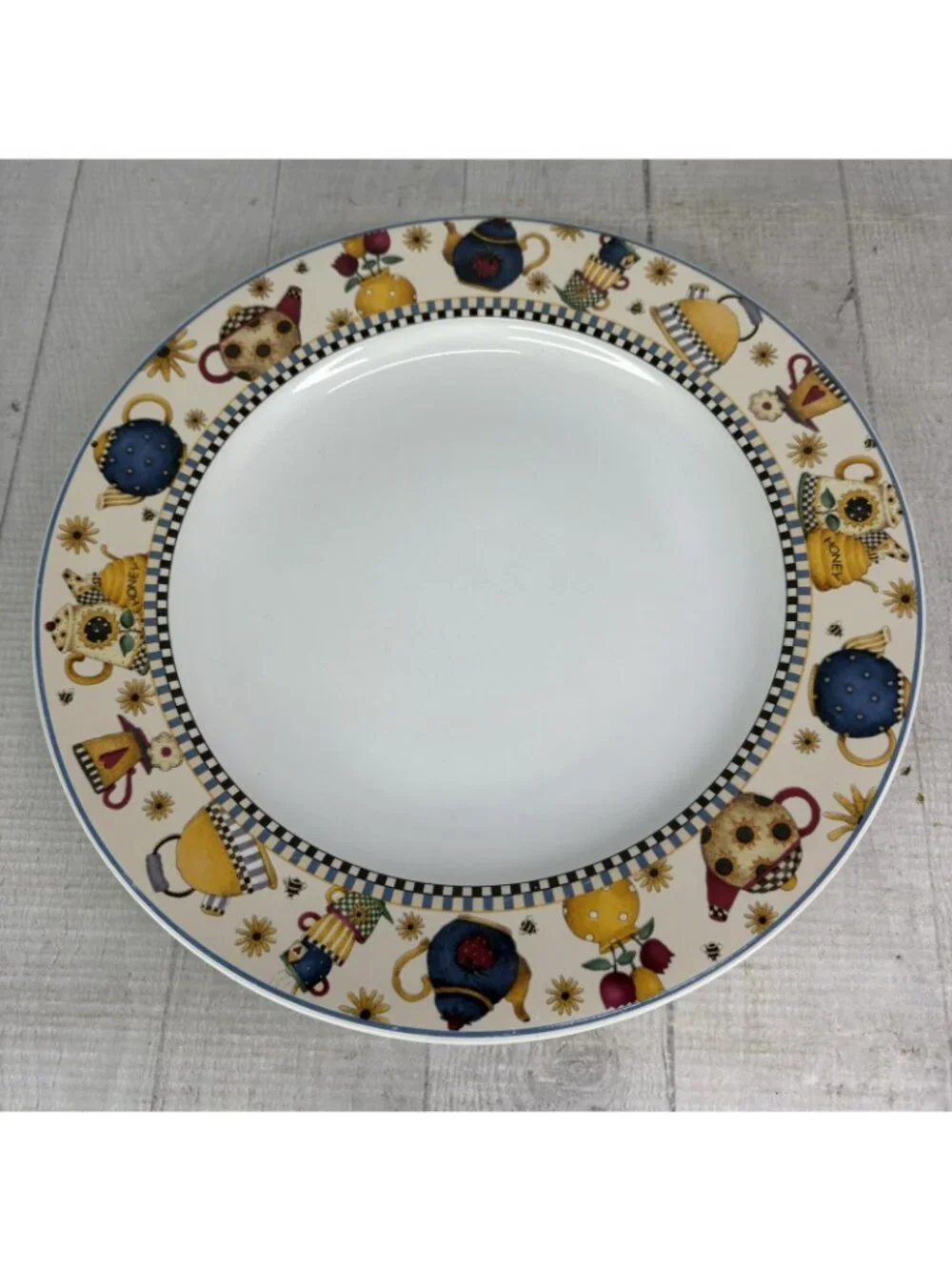 1998 Sakura Debbie Mumm TEAPOTS Various Cups Stoneware Dinner Plates Set of 2